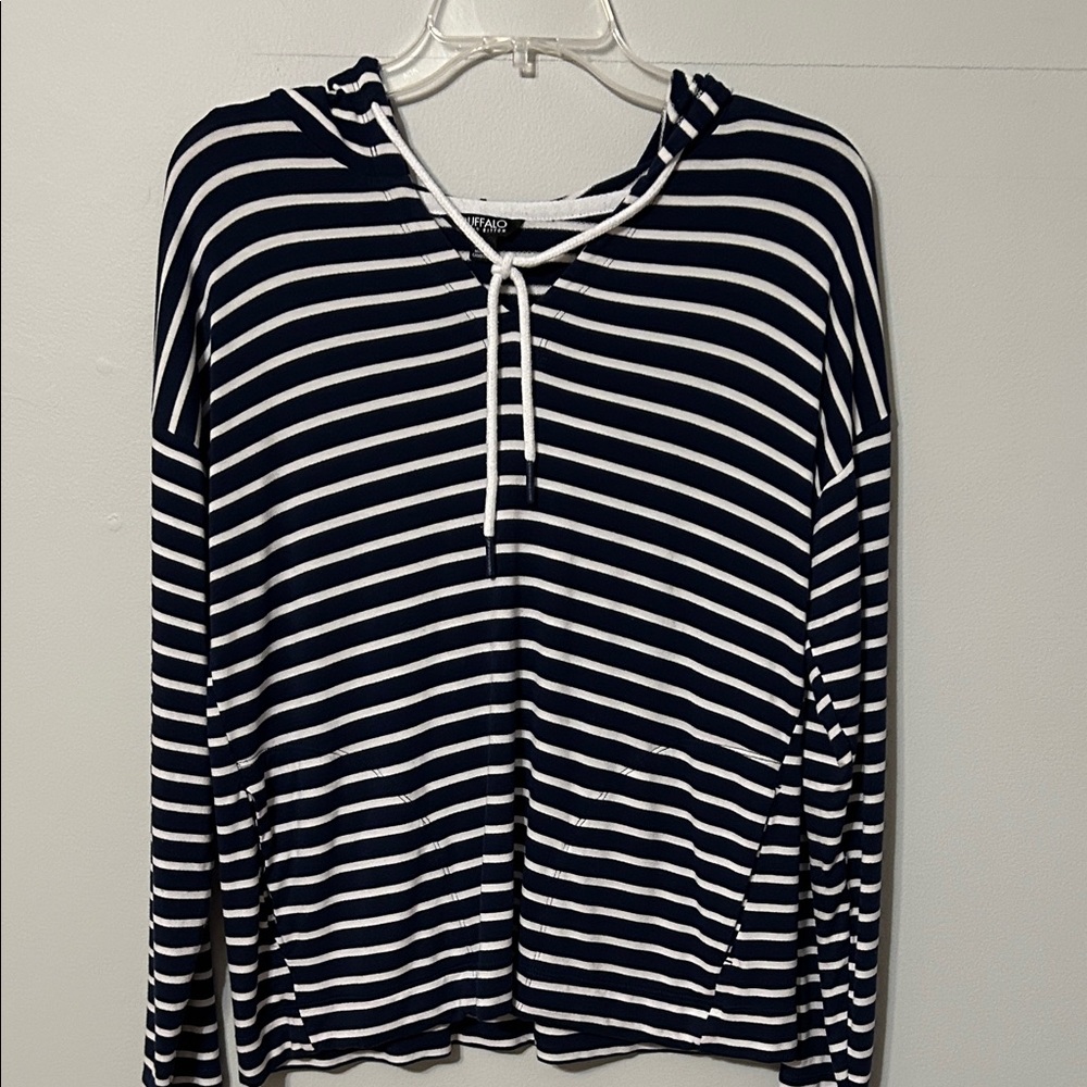 Buffalo David Bitton: Navy and White Striped hooded Top. Small. EUC.